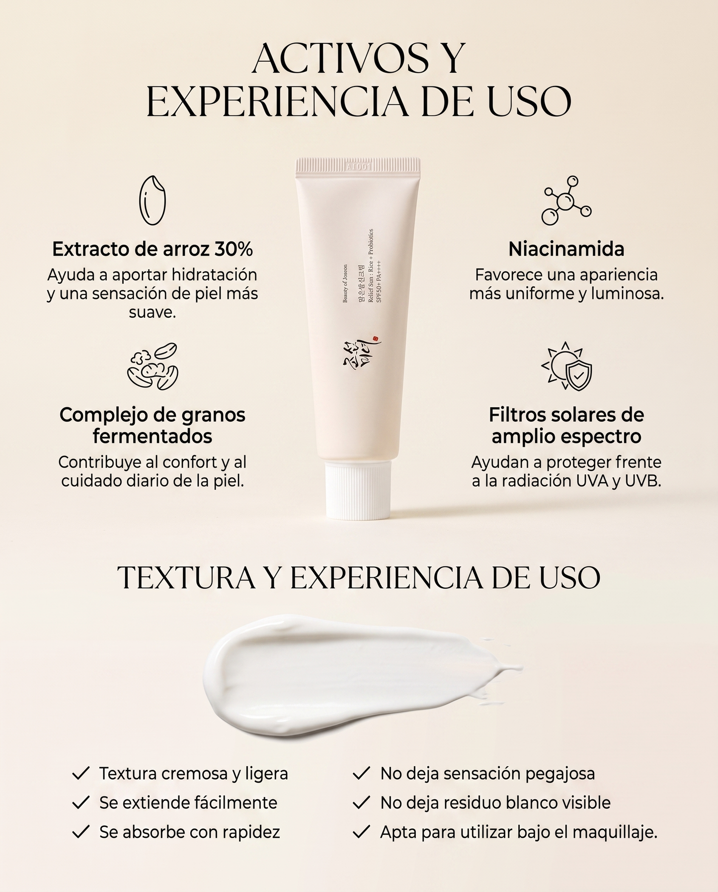 Beauty of Joseon Relief Sun · Protector Solar Rice + Probiotics SPF50+ PA++++ 50 ml