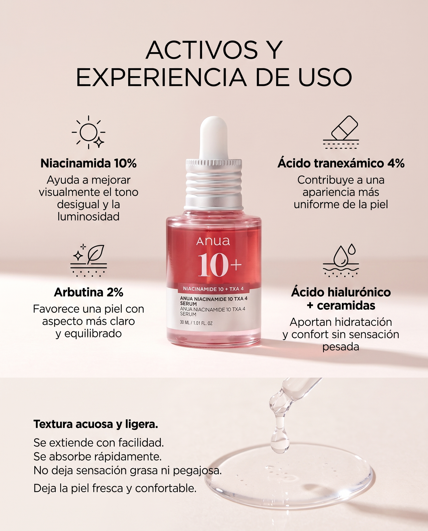 Anua Niacinamide 10% + TXA 4% Serum · Sérum Coreano Iluminador 30 ml