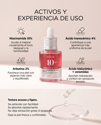 Anua Niacinamide 10% + TXA 4% Serum · Sérum Coreano Iluminador 30 ml