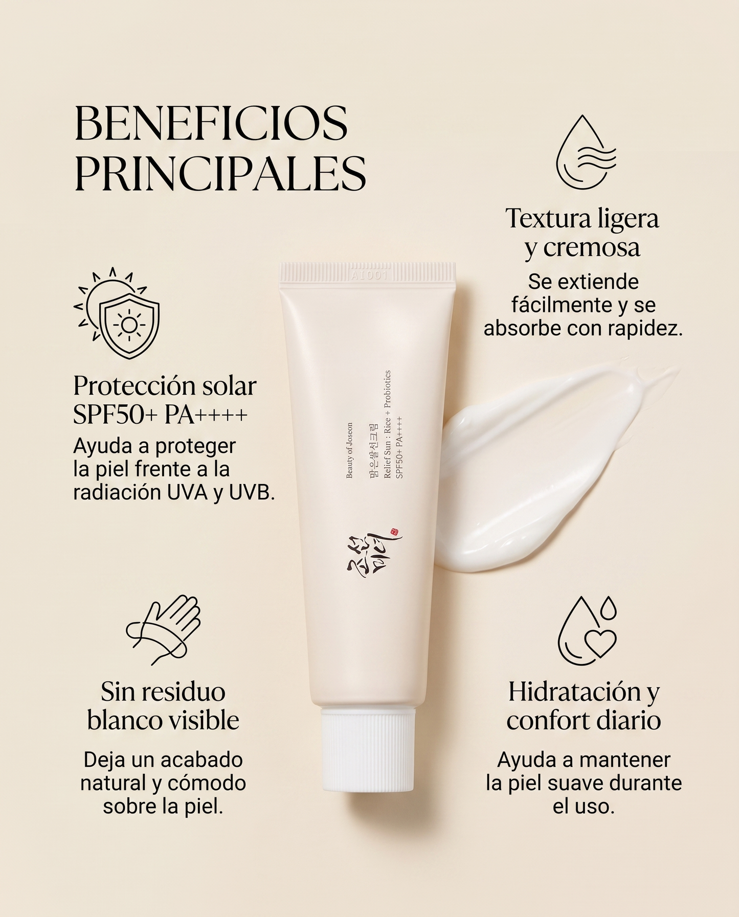 Beauty of Joseon Relief Sun · Protector Solar Rice + Probiotics SPF50+ PA++++ 50 ml