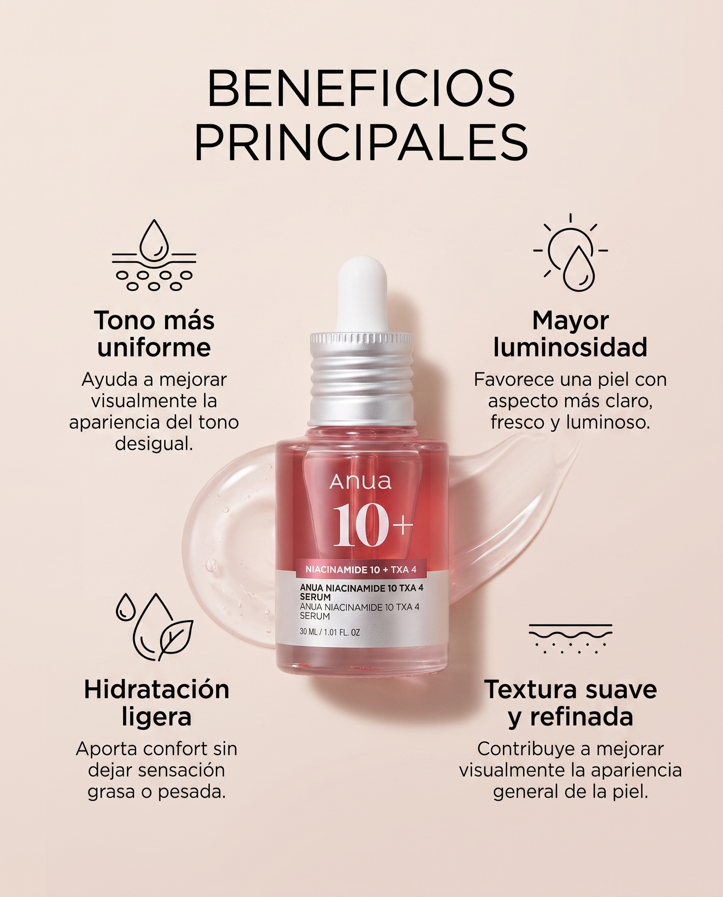 Anua Niacinamide 10% + TXA 4% Serum · Sérum Coreano Iluminador 30 ml